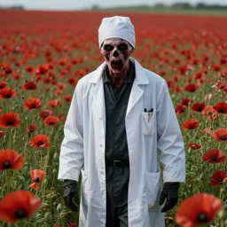 an extremely disturbing horror photograph of a plague doctor in a field of opium poppies, hyperrealism, sharp focus, highly detailed, horror cgi 4 k, matte, octane render, cinematography, photo by professional photographer