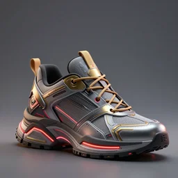 realistic 3 d render of a cyberpunk android sneaker, beautiful studio lighting, soft, sharp focus, neon cyberpunk highlights, intricate detail, gold and red accents, soft rubber, octane render, side view, close up, trending on artstation, deviantart, syd mead, moebius