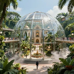 movie still frame, glass dome, luxurious futuristic city dome with pedestrian areas inside a lush jungle, bridges with tourists, beautiful composition, sunny, steam, 8 k, cgi, by ridley scott, james cameron, zack snyder and michael bay