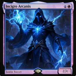 incognito arcanis the omnipotent, blue glowing hooded sorcerer faceless figure, lightning spells, mtg art, justin sweet