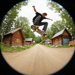 a detailed beautiful matte painting of a skateboarder, kick flip, pilgrim village setting, log homes, dirt road, trees by Mikko Lagerstedt and Raphael Lacoste, graffiti by Fintan Magee, fisheye lens,