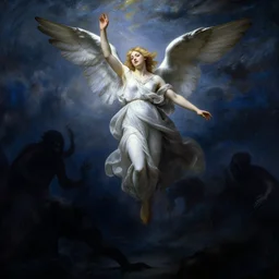 a single blonde angel descending from the heavens to the illuminate the dark blue hell full of shadows, dramatic light, by william - adolphe bouguereau