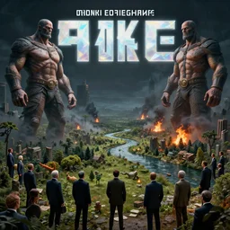 a dark apocaliptic poster artwork of giants men politicians money-grubbing watch from above diorama of the nature near to a river, with fires and black smoke, ambitious, money-grubbing politicians watch from above, Award winning photo, iridiscense, Houdini algorithmic generative render, dramatic lighting, Accurate and detailed, sharp focus, octane render 8k , zoom out