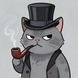 grey cat wearing a top hat and smoking a pipe, looking very smug, trending on artstation, cartoony, illustration, meme
