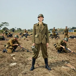 fashion editorial in Vietnam war battlefield. wide angle shot. highly detailed.