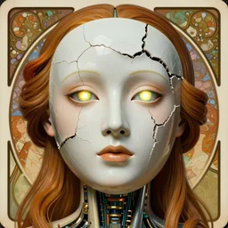 A close-up portrait of a beautiful female cyborg wearing a cracked porcelain mask by Alphonse Mucha, exposed inner structure, brightly glowing eyes, art nouveau card, wlop, retrofuturism, trending on artstation