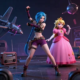 a girl like jinx and Princess peach, dancing, background jet ground radio, fullshot, raytrayced, octane render,volumetric lighting, epic composition, intricate details, dark neon punk, by myanko