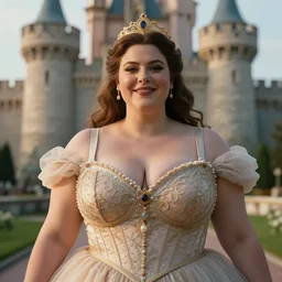 intricate real life princess, push up bra, really large bust, castle, smiling, cinematic, aesthetics, full pov