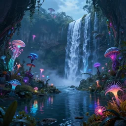a landscape with alien bioluminiscense plants, waterfalls, neon, artstation, volumetric light, high detail, reflections, perfect, concept art, hdr, 4 k