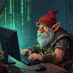 World of Warcraft screenshot of a gnome typeing on a computer, gnome hacker, matrix code