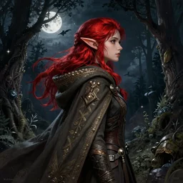 side portrait high-fantasy elf girl, adventurer outfit large cloak, fantasy forest landscape, moonshine, fantasy magic, feathery red hair, dark light night, intricate, elegant, sharp focus, illustration, highly detailed, digital painting, concept art, matte, art by WLOP and Artgerm and Greg Rutkowski and Alphonse Mucha, masterpiece