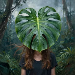 closeup, girl with giant monstera leaf head, standing in djungle, surreal photography, wind and cold, dramatic sky, impressionist painting, digital painting, artstation, simon stalenhag