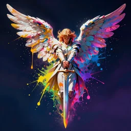 a angel wielding a sword, splatter paint, spray paint, colorful, inverted colors, neon, tones of black in background, light blue foreground, high contrast, 2 - dimensional, 2 d