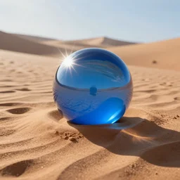 a blue sphere with mirror finish, emerging from desert sand. light radiates from the sphere