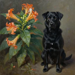 oil painting of a black dog next to brugmansia suaveolens flowers, scary, realistic