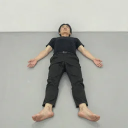 a chinese person laying flat on the floor by daniel johnston and peter doig, line brush, minimal, artgerm