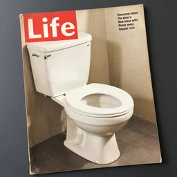 realistic photo of a toilet magazine cover 1 9 6 0, life magazine photo, natural colors, metropolitan museum, kodak, 8 k, very detailed, high resolution, product photo,