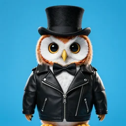 cute owl wearing black biker jacket, portrait photo, backlit, studio photo, background colorful, kobalt blue, tophat, bow tie