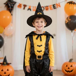 happy boy dressed in costumes for halloween