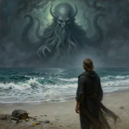 oil painting of a man on a beach seeing cthulhu in the distance, horror, creepy, highly detailed, award winning, eldritch,