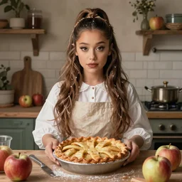romanticism painting of ( ( ariana grande ) ) in a rustic style kitchen, baking apple pie, symmetrical face, beautiful eyes, cottagecore, artstation, 8 k, highly detailed