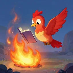 cartoon phoenix hummingbird reads a book while on fire raytracing