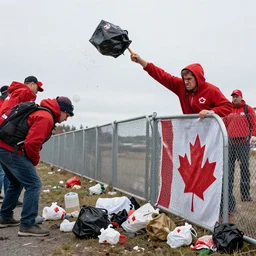 angry canadians throwing trash over the us - canadian border, award winning photography, ultra realistic, digital photograph