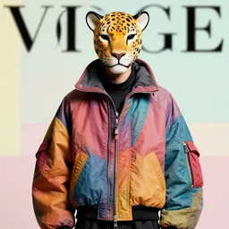 model in plastic leopard mask wearing baggy colorful 9 0 s jacket by rick owens. magazine ad. pastel brutalist background.