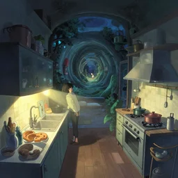 naive nerikomi, weird perspective, extra narrow, detailed illustration of a kitchen lit by flashlight in a scenic spiral environment by jesper ejsing, by rhads and makoto shinkai and lois van baarle and ilya kuvshinov and rossdraws