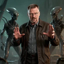 film still walter white defending himself against an alien. illustration, unreal engine 5, 8 k, directed by h. r. giger.