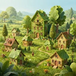 a hiper intricate 3 d artwork of a beatifull little houses made from big leaves in the serene field, intricate, highly detailed, digital painting, artstation, concept art, extremely detailed, sharp focus, octane render wide view, smooth, digital illustration, colorfull, by wlop, by hieronimus bosch, by jacek yerka, in style of mark ryden