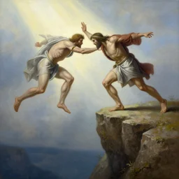 an amazing realistic painting of cain pushing abel from the edge of a cliff with a divine light in the sky, majestic mountains in the background, very detailed, painting by rosa bonheur, beautiful art, smooth, elegant, intricate, vibrant, colorful