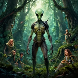 alien magic creature poster art, humanoid, lush fantasy forest, movie art, by lucusfilm, weta studio, tom bagshaw, james jean, frank frazetta alphonso mucha, norman rockwell, 8 k, denoised