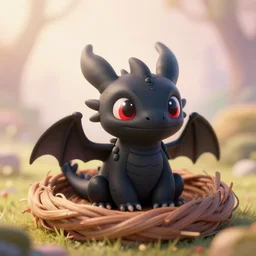 a portrait of a cute happy tiny black dragon in a nest, red eyes, artstation, by magali villeneuve, depth of field, beautiful lighting, pastel colors, bokeh, fantasy art