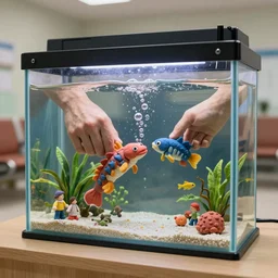 fish tank in hospital waiting room. hands in tank. plasticine model of newt. figures clay. weird. surreal. [ [ tropical ] ] fish tank strange. bubbles. tilt shift. tank. fighting aquatic photography. photorealistic.