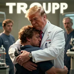 epic masterpiece of cinematographic hyperrealism where medical doctor donald trump holds a patient dearly. realistic shaded lighting poster by craig mallismo, artgerm, jeremy lipkin and michael garmash, unreal engine, radiant light, detailed and intricate environment, digital art, art station trends