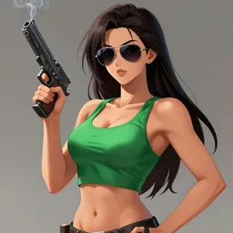 a beautiful anime girl with an athletic feminine body in a green tank top and aviator classic sunglasses holding a gun, long hair, oc commission, by madhouse studio, tanned body, highly detailed, digital painting, confident pose, smoking cigarette, illustration, trending on artstation, trending on twitter