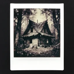 old polaroid of of an old abandoned witches log cabin in a fantasy forest from the witcher by greg rutkowski and kalin popov, trending on artstation, masterpiece, black and white, pictorialism
