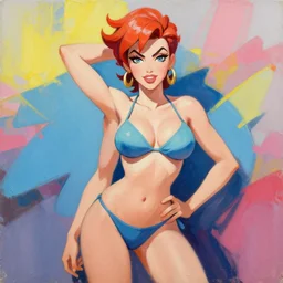greg manchess portrait painting of overwatch's tracer in a bikini, pinup art, medium shot, asymmetrical, organic painting, sunny day, matte painting, bold shapes, hard edges, street art, trending on artstation, by huang guangjian and gil elvgren and sachin teng