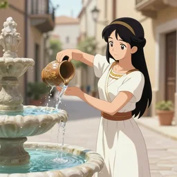 anime girl in a greek attire pouring water out of a vase into a fountain, spanish alleyway