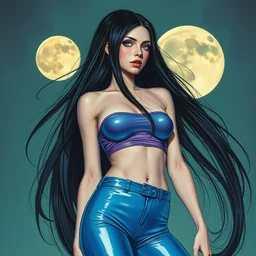 longest black hair, blue latex pants, purple croptop, two moons, acid green. highly detailed, digital painting, watercolor, soviet realism, engraving, artstation, concept art, smooth, sharp focus, vivid grunge, manga, illustration, unreal engine 5, 8 k, art by bilibin and kilian eng and kuvshinov and malevich and mucha