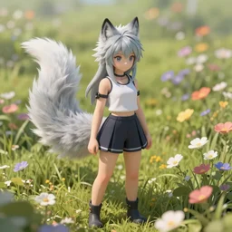 A beautiful and detailed art of a young girl with large white-tipped wolf tail and wolf ears, standing in the middle of a field of flowers, 4K UHD, RPG, unreal engine, wallpaper, trending on artstation and behance and pixiv