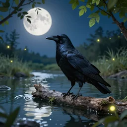 a large black raven, standing on a floating log in the middle of a moonlit river, leafy foliage on the river banks, at night, with fireflies floating about, in the style of lisa frank psychedelic, award winning trending on artstation