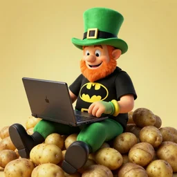 leprechaun wearing a'batman t - shirt'sits on a pile of potatoes and plays happily with his steam deck, photograph