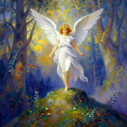 an angel on top of a mountain in a colorful fantasy forest, by Thomas Kinkade, well detailed n- 3