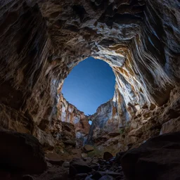 beautiful double exposure landscape photography of a deep cark cave combined with a clear shot of space, ambient lighting, breathtaking concept art