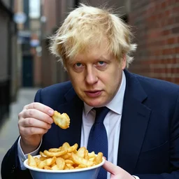 closeup portrait of boris johnson selling fish and chips in a dimly lit alley, natural light, sharp, detailed face, magazine, press, photo, steve mccurry, david lazar, canon, nikon, focus