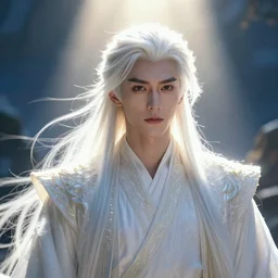 a portrait of a handsome elven prince, white fringy hair, backlit, incredible lighting, strong rim light, subsurface scattering, realistic anime, by Heise Jinyao, Heise-Lian Yan Fang, Feimo, Richard Taddei, epic beautiful landscape, highly detailed, god rays, digital painting, HDRI, by marc simonetti, vivid colors, high contrast, 8k resolution, intricate, photorealistic