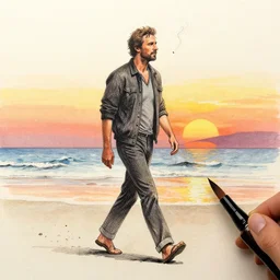 ink and brush drawing of ben mendelsohn walking on the beach smoking, sunset