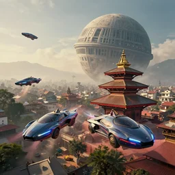 a landscape image of kathmandu in a style of cyberpunk, flying cars, death star in the background, highly detailed, cinematic lighting, hyperrealistic, 4 k, digital art